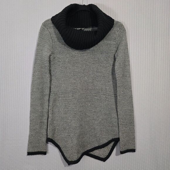 Express Womens Black White Striped Ribbed Cowl Neck Asymmetrical Sweater Size XS - Picture 1 of 5